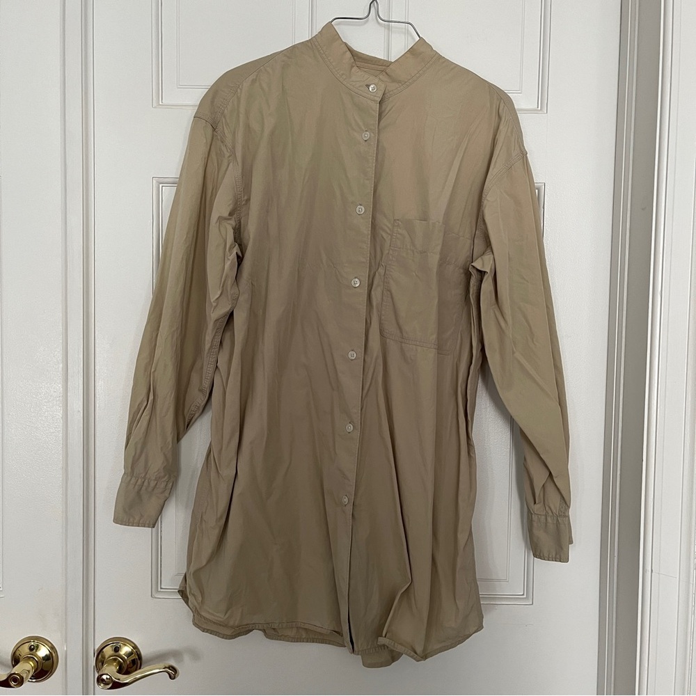 Green-Beige Collarless Button-Down Shirt